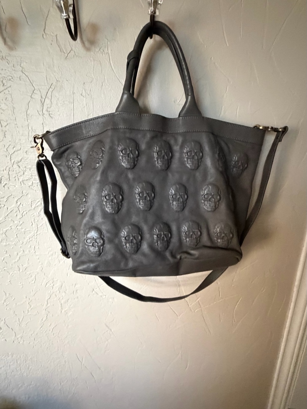 Embossed Skull Leather Tote - Charcoal